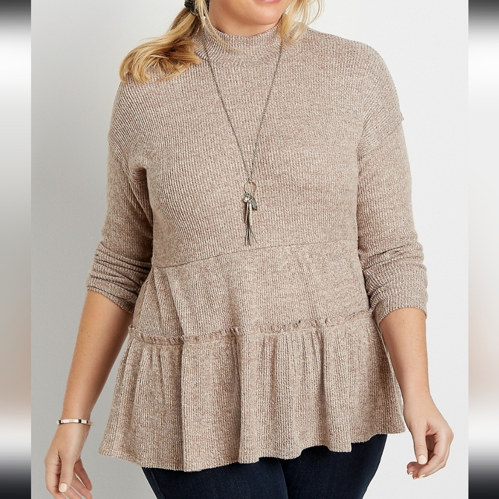 Maurices Beige Ribbed Mock Neck Babydoll Lightweight Sweater Top